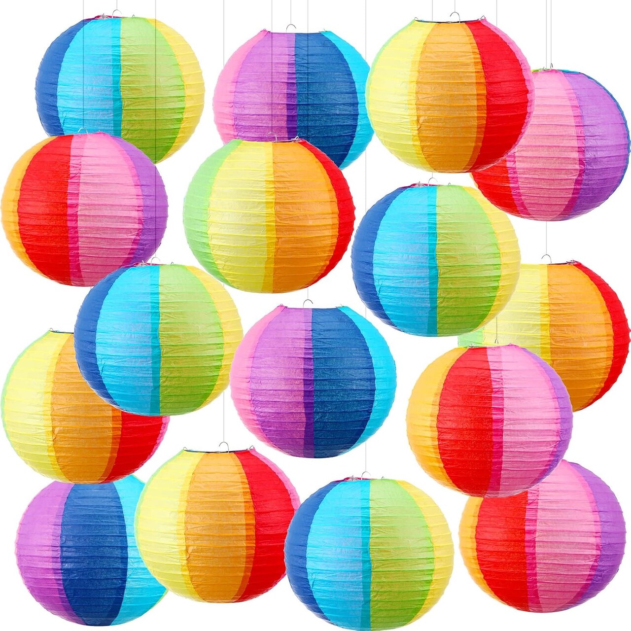 16 Pcs Rainbow Paper Lanterns 9.8 Inch Beach Ball Paperlanterns , Mexican Fiesta Party Decorations Summer Luau Themed Hanging Decor Colorful Round